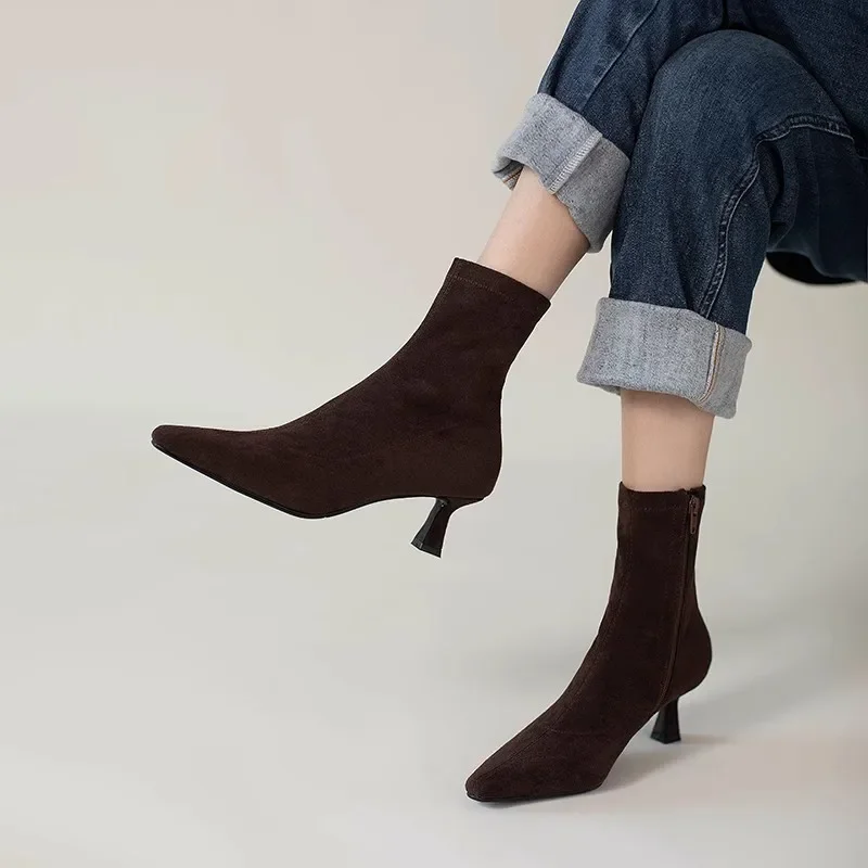 Women Kitten Heel Skinny Boots 2024 Autumn Winter New Elastic Boots Temperament Pointed Toes Thin Heel Suede Short Boots