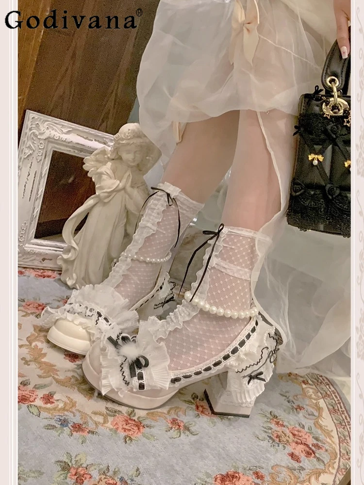 

Japanese Style Original Lace Bow Ribbon Mary Jane Shoes Elegant Lady Lolita Round Toe High Heels for Women