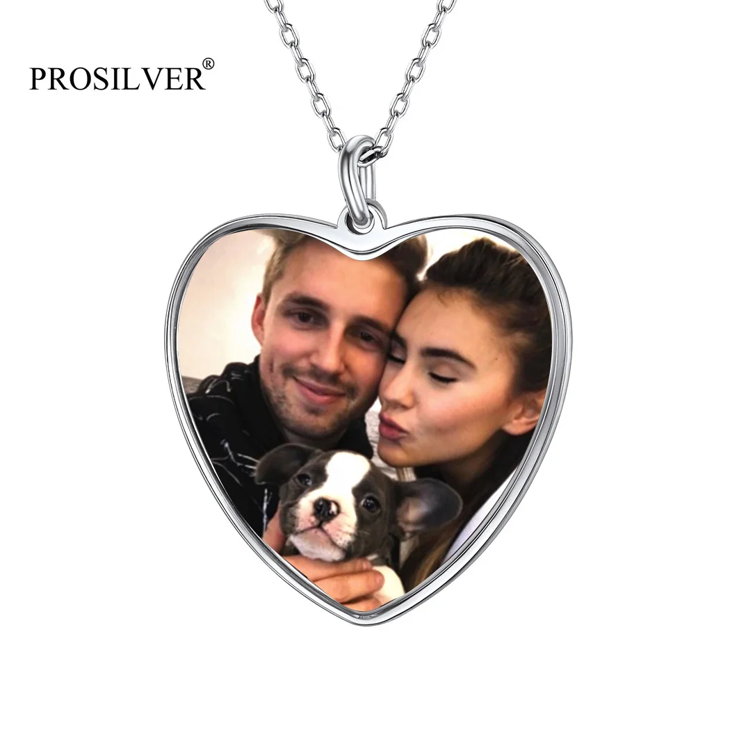 PROSILVER Personalized Gifts for Family Couple Custom Photo/Text Heart Pendant Necklace 925 Sterling Silver Chains PYP15062B