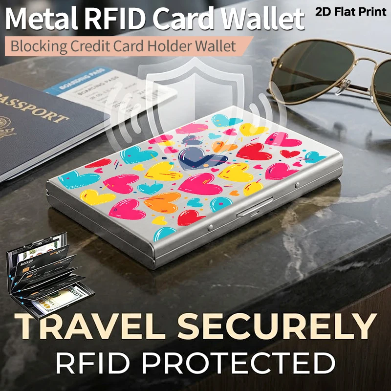 

Тонкий металлический держатель для кредитных карт с RFID-защитой, красочный принт в стиле граффити с сердечками, минималистичный, с защитой от кражи, с боковым открытием, ультратонкий