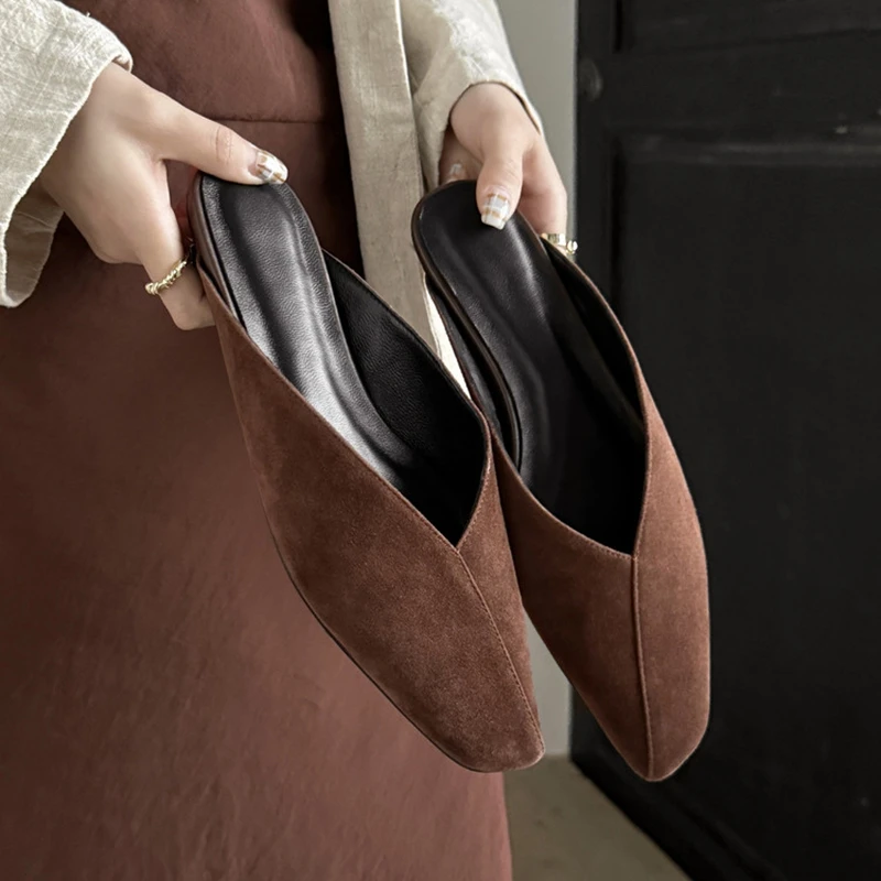 NEW Summer Women Mules Sheep Suede Leather Shoes for Women Square Toe Low Heel Shoes Cover Toe Slingback Sandals Casual Slippers