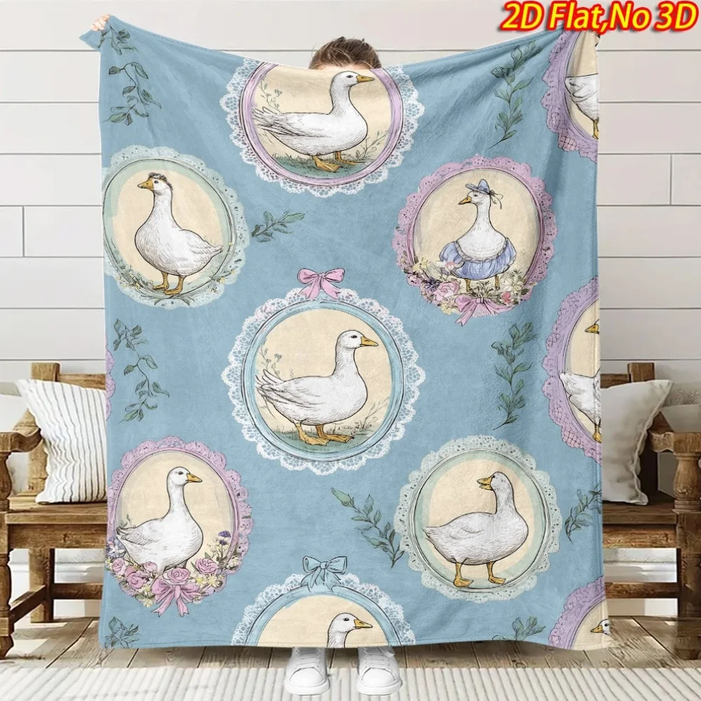 1pc 2D Flat Printing Spring And Summer New Arrival Vintage Lace Photo Frame White Goose Theme Fleece Blanket, 100% Polyester Fib