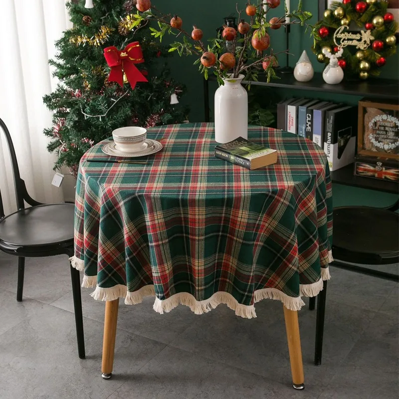 

Christmas Tablecloth Round with Tassels Red Green Buffalo Plaid Dust-Proof Rustic Christmas Checkered for Holiday Party Dining