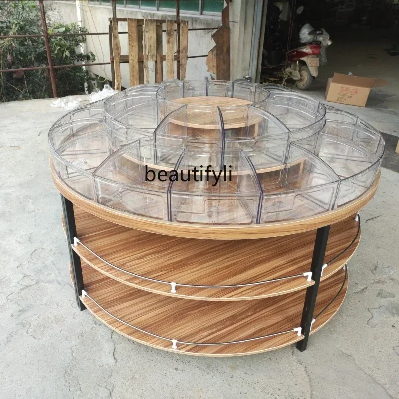 yj57 Supermarket Food Display Cabinet Steel Wood Island Cabinet Multi-Layer round Snack Shelf