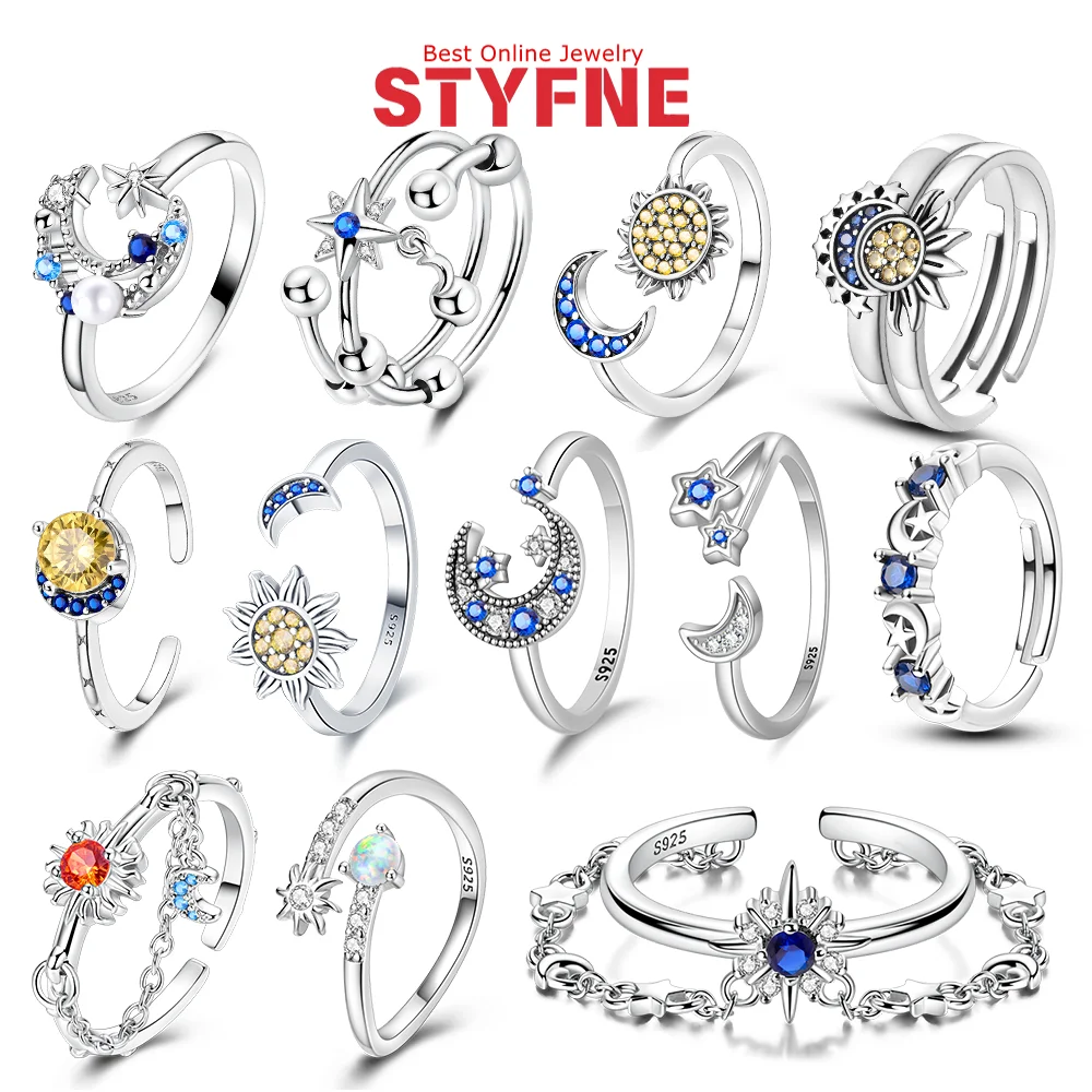 

925 Silver Rings Color Zircon Sun Moon Starry Sky Open Ring for Women Party Engagement Wedding Jewelry Birthday Anniversary Gift