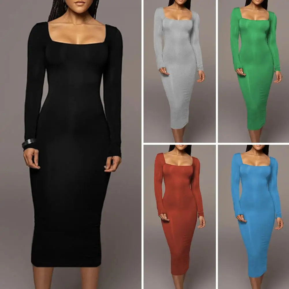 

Autumn And Winter Women's Slim Tight Bottom Dress Solid Colour Grab Square Neck Long Sleeve Dresses Stretch Hip Thin Long Dress