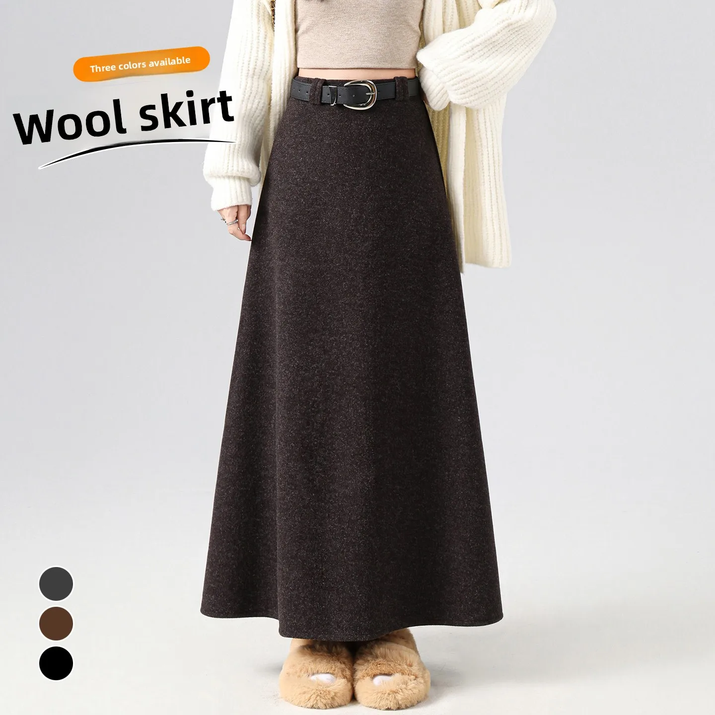 Korean Style Woolen A-Line Long Skirt Women's Midi Skirt Elegant Autumn Winter New Gray Half Skirt High Waist Knitted Dress