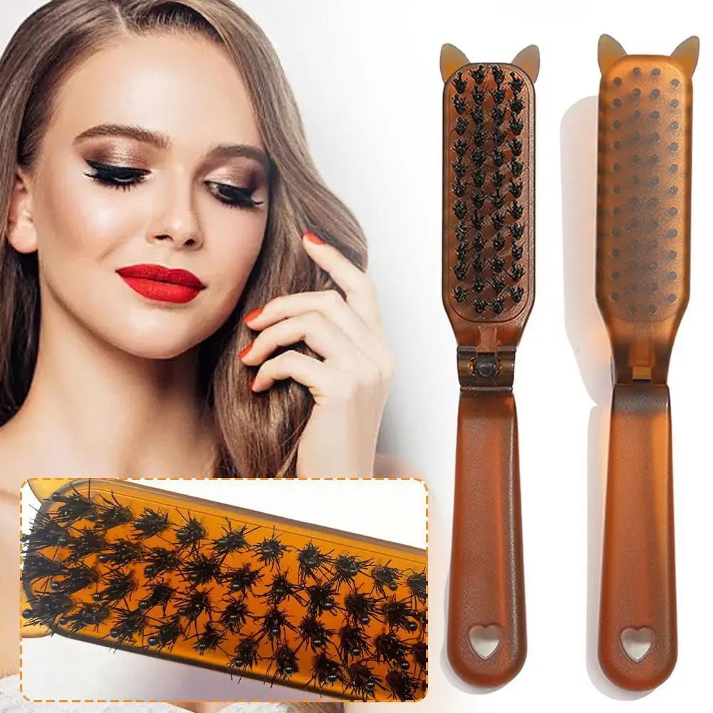 Pente de cabelo portátil dobrável com cerdas de javali, massageador do couro cabeludo e acessório de estilo de cabelo para viagem, escova de massagem e desembaraço m4n4