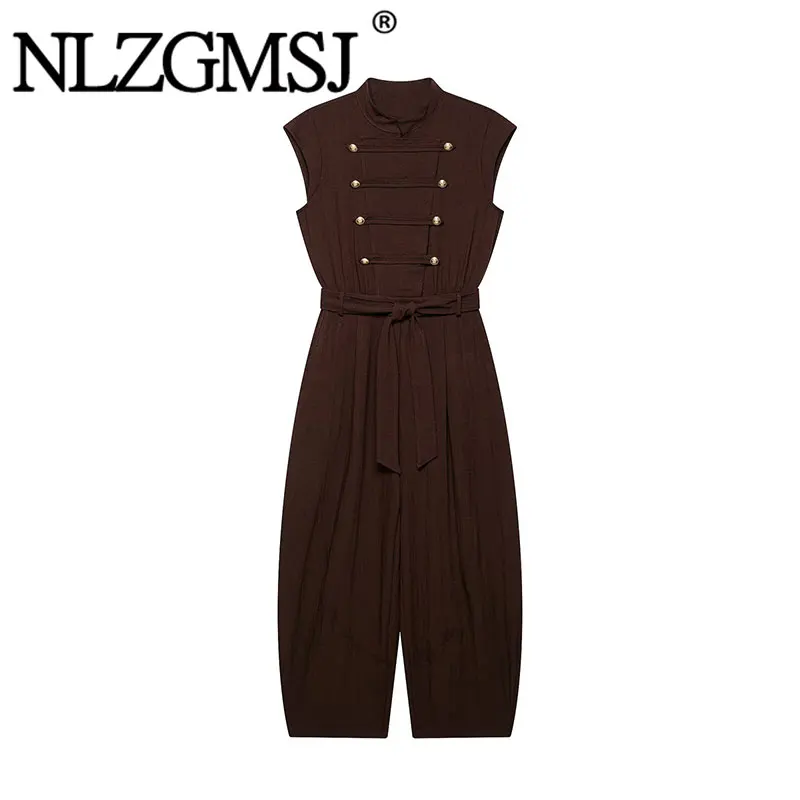 Nlzgmsj 2026 Women Chinese Style Frog Button Sleeveless Jumpsuit Stand Collar Belted Belt Decoration Loose Casual Length Pants