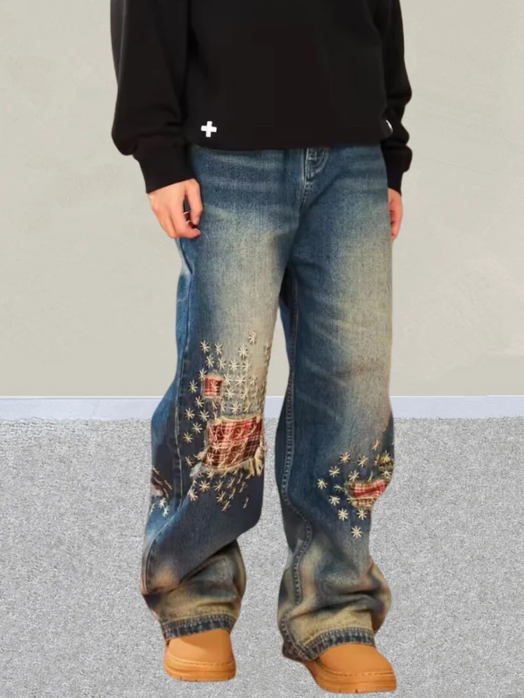 2025 Ropa Y2K Streetwearลายสก๊อตPatchwork Baggyซ้อนกางเกงยีนส์กางเกงสําหรับชายเสื้อผ้าตรงกางเกงยีนส์สีฟ้าPantaloni Uomo