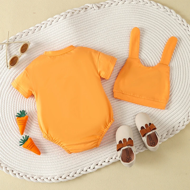 Infant Toddler Baby Girl Boy Easter Outfits Short Sleeve Romper  Carrot Orange Bodysuit Bunny Hat 2Pcs