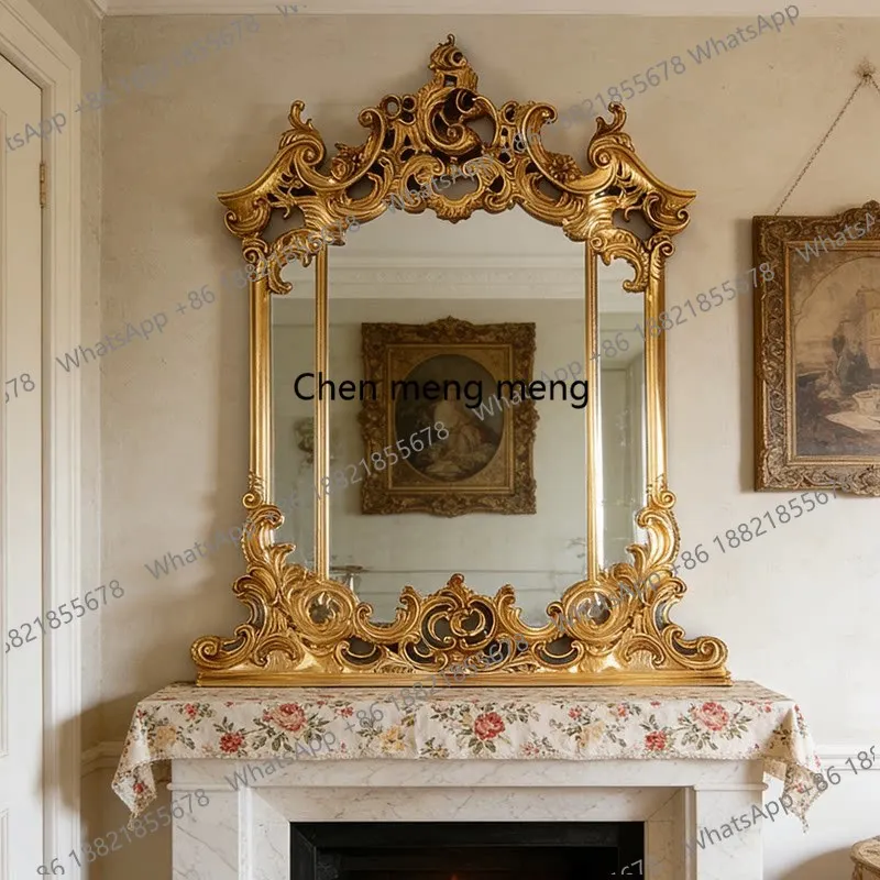 

French Vintage Carved Entrance Mirror Baroque Living Room Fireplace Decorative Mirror American