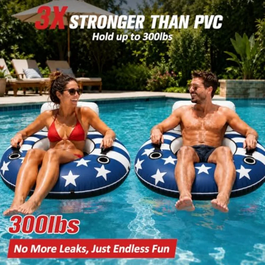 River Tube For Lake And Pool Floating, Premium Canvas And PVC, Navy Blue, Comfortable Backrest With 2 Cup Holders And Tow Strap