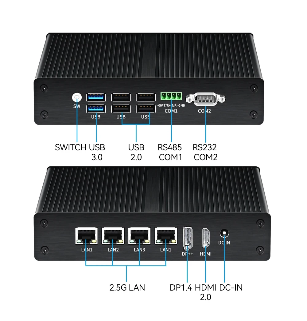 Mini PC sem ventilador IPC Firewall Intel N100 RS485 RS232 4x 2.5G Intel i226V Ethernet 6x USB HDMI DP Windows Linux OpenWrt