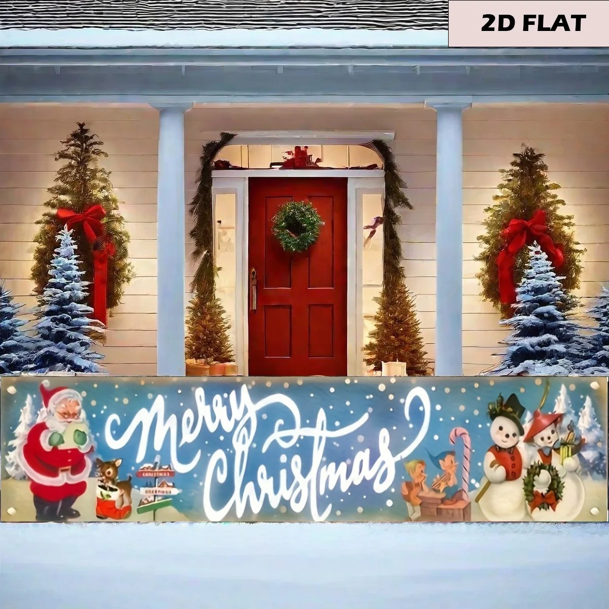

Merry Christmas Banner tapestry - Vintage Santa & Snowman Design Polyester Yard Sign, Snowy Winter Scene, Door Cover