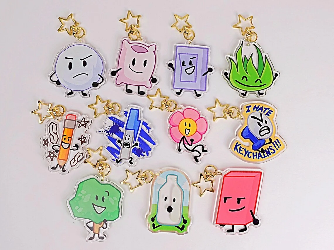 BFDI Keychain -2.5-inch Acrylic Material - Snowball, Pillow, Lie, Grass, Pencil, Pen, Flower, Fun, Tree, Bottle, Eraser