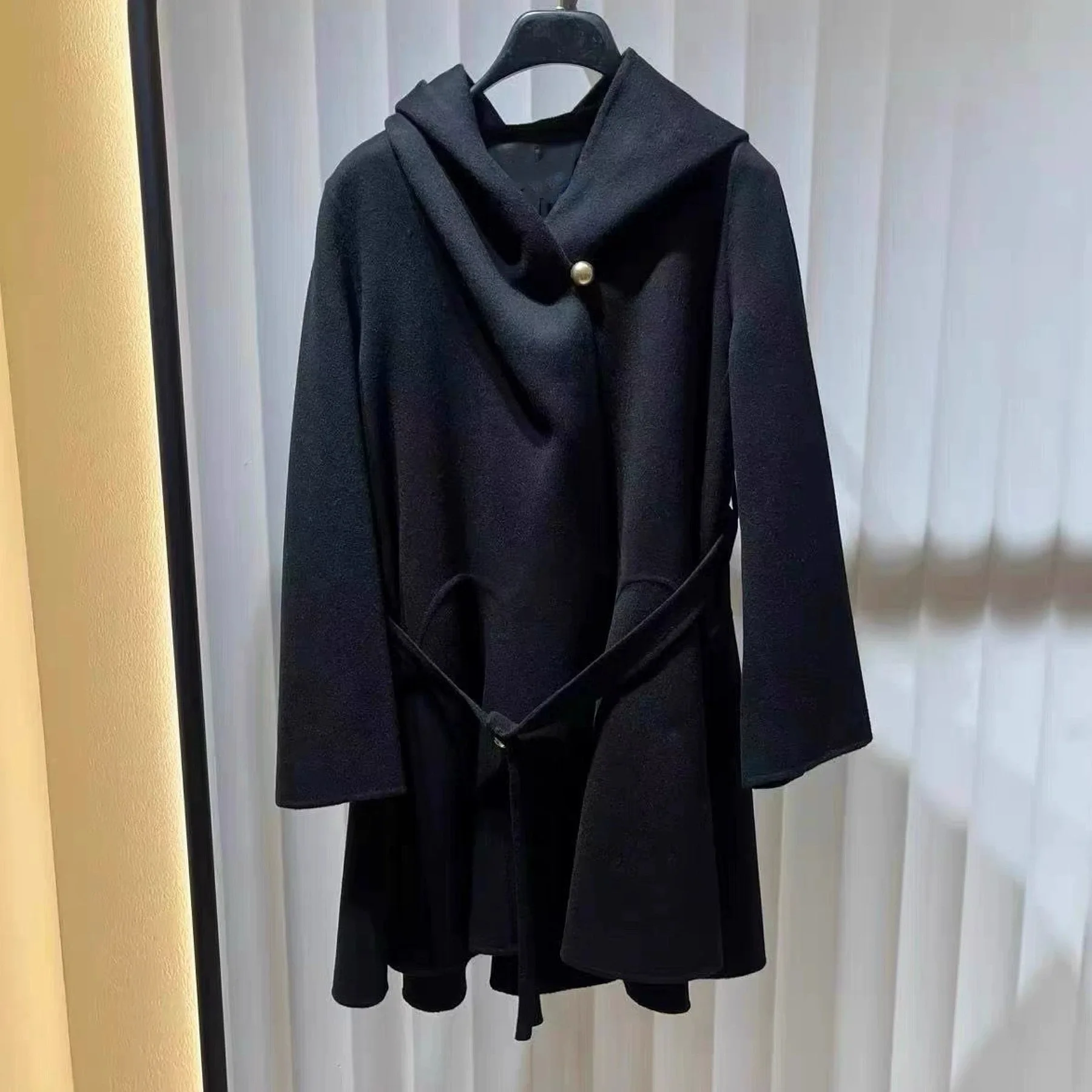 

Ele Lemon Cheese High Quali Winter Woolen Coat with Hood A-Line Waist-Cinching Camere Long Sve Commute Sle