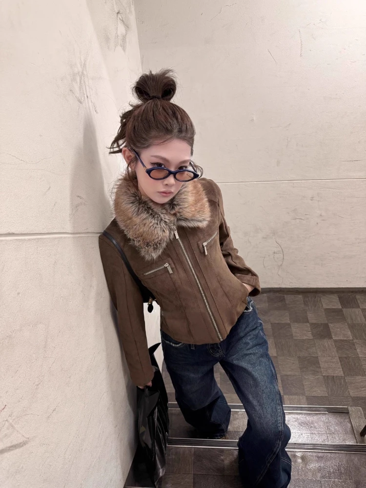 

Винтажная куртка с леопардовым меховым воротником, мужская замшевая куртка на флисовой подкладке, укороченная утягивающая повседневная куртка на молнии, теплая верхняя одежда