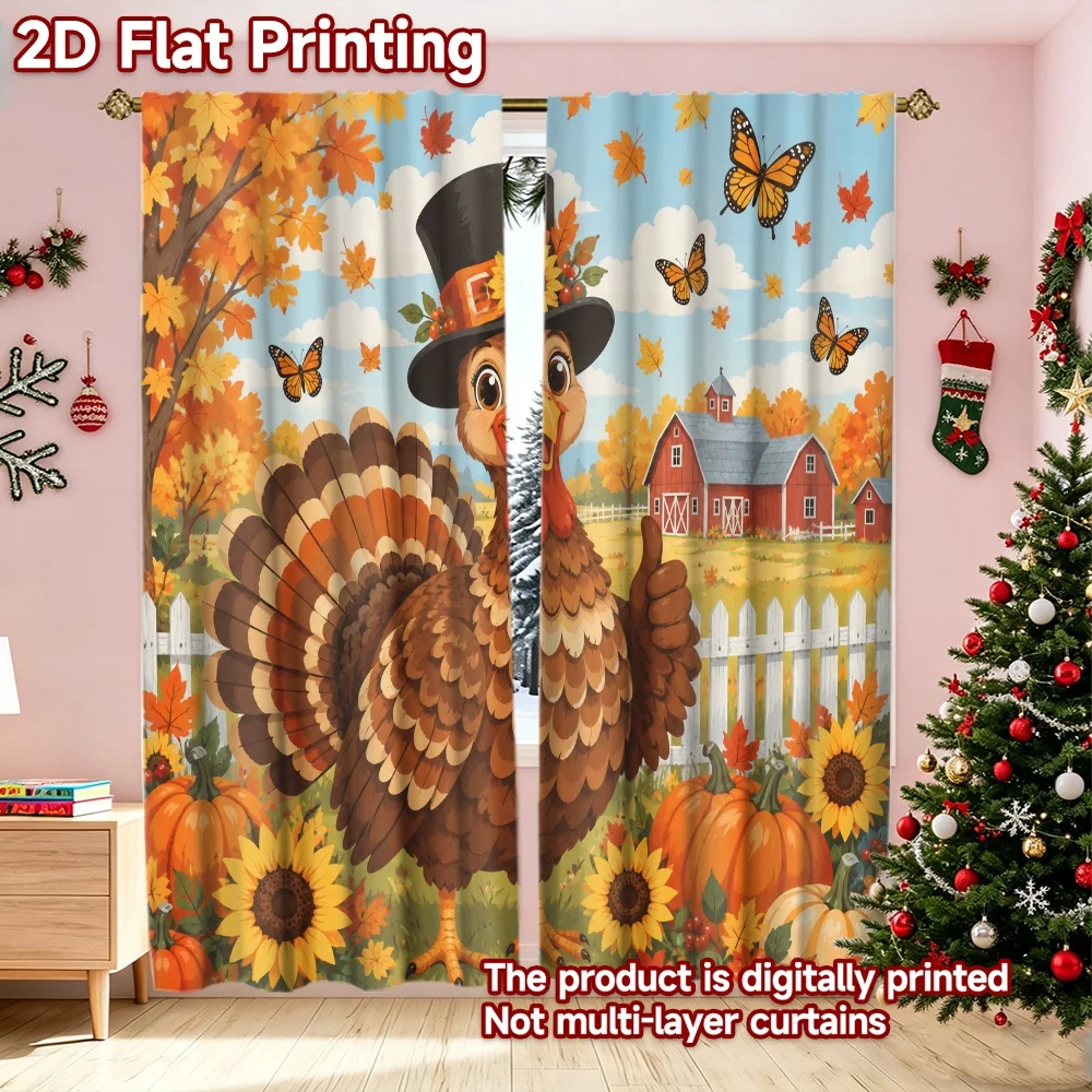 2D flat printing 2pcs Trend Christmas Curtains Thanksgiving Turkey Farm Scene Beautiful and stylish, 100% polyester fiber Family