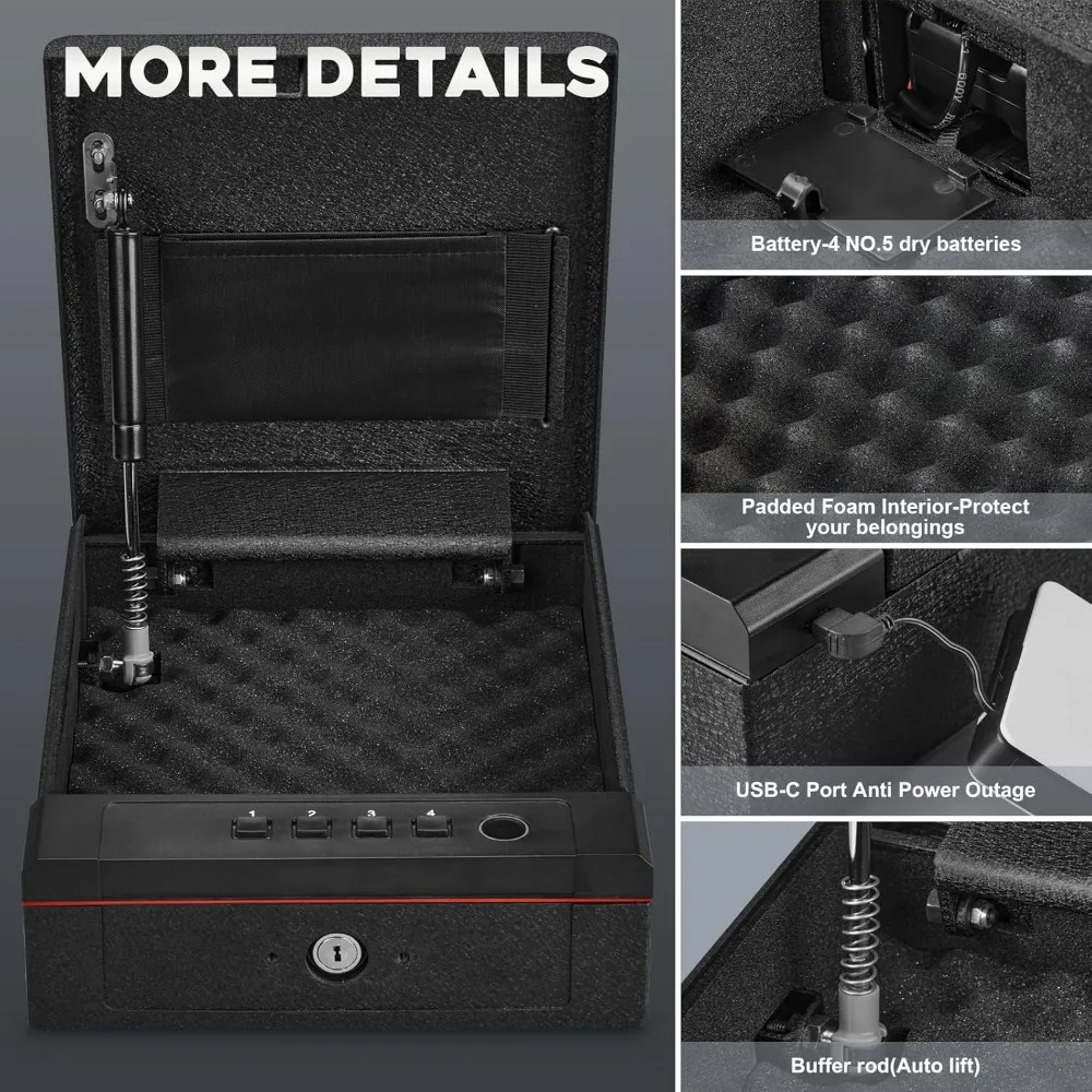 Biometric Fingerprint Gun Safe, Three Ways Quick Access Gun Lock Box for Pistols with Keys, Key Pad, USB-C Port and LED Light, B