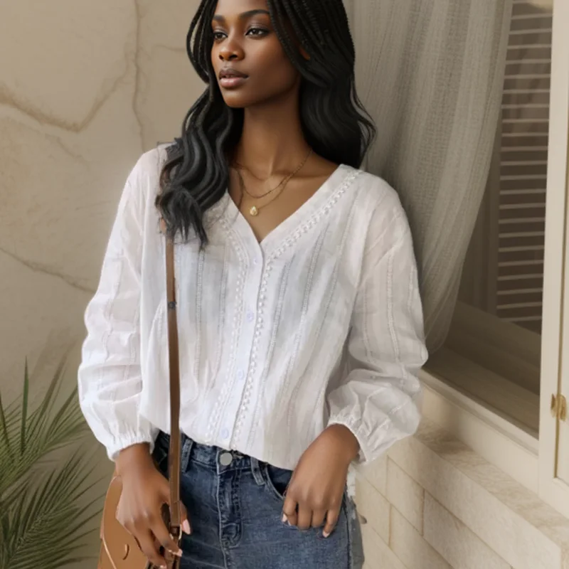 Long Puff Sleeve Shirts Women Spring Summer Button-up Elegant All-match Gentle Trendy Hollow Out Design Youthful Aesthetic Daily