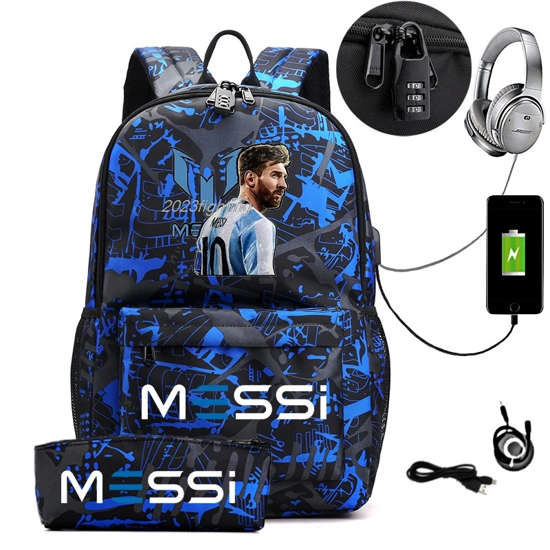 Mochila Messi con cerradura an-ti para hombre y mujer, morral informal para estudiantes de secundaria, capacidad para ordenador portátil, 2 piezas