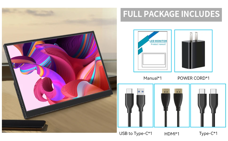 Tablet device with colorful abstract display. Package contents shown: screen protector, power cord, USB-C cable, HDMI cable, and Type-C cable.