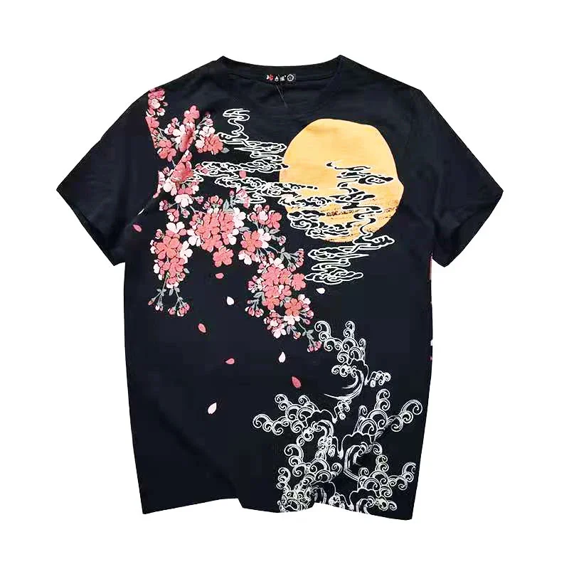 Lyprerazy Japanese Harajuku Ukiyoe Vintage Embroidered T-shirt Men Short-sleeved Chinese Style Carp Fish Embroidery T Shirt