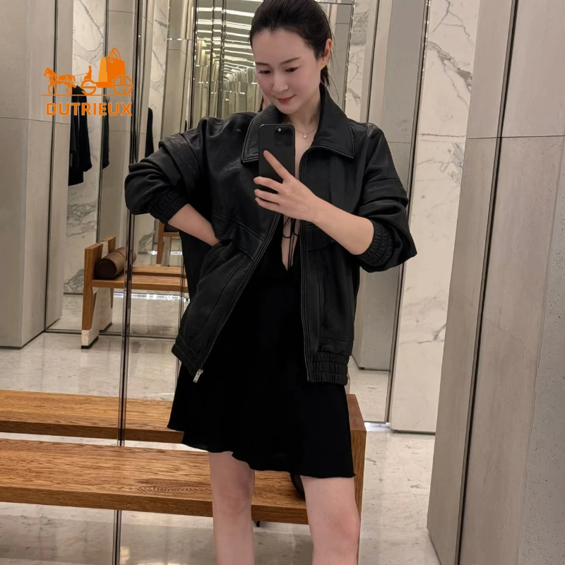 Winter Motorcycle Loose Double Pocket Leather Jacket with Old Retro Style, 100% Sheepskin Heavy Leather Jacket for Men and Women