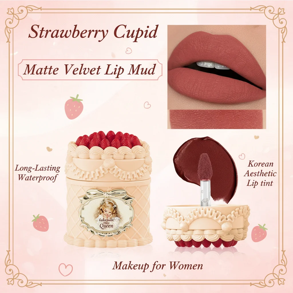 Strawberry Cupid Matte Velvet Lip Mud Long-Lasting Waterproof Lip Gloss, Korean Aesthetic Lip Tint Makeup for Women