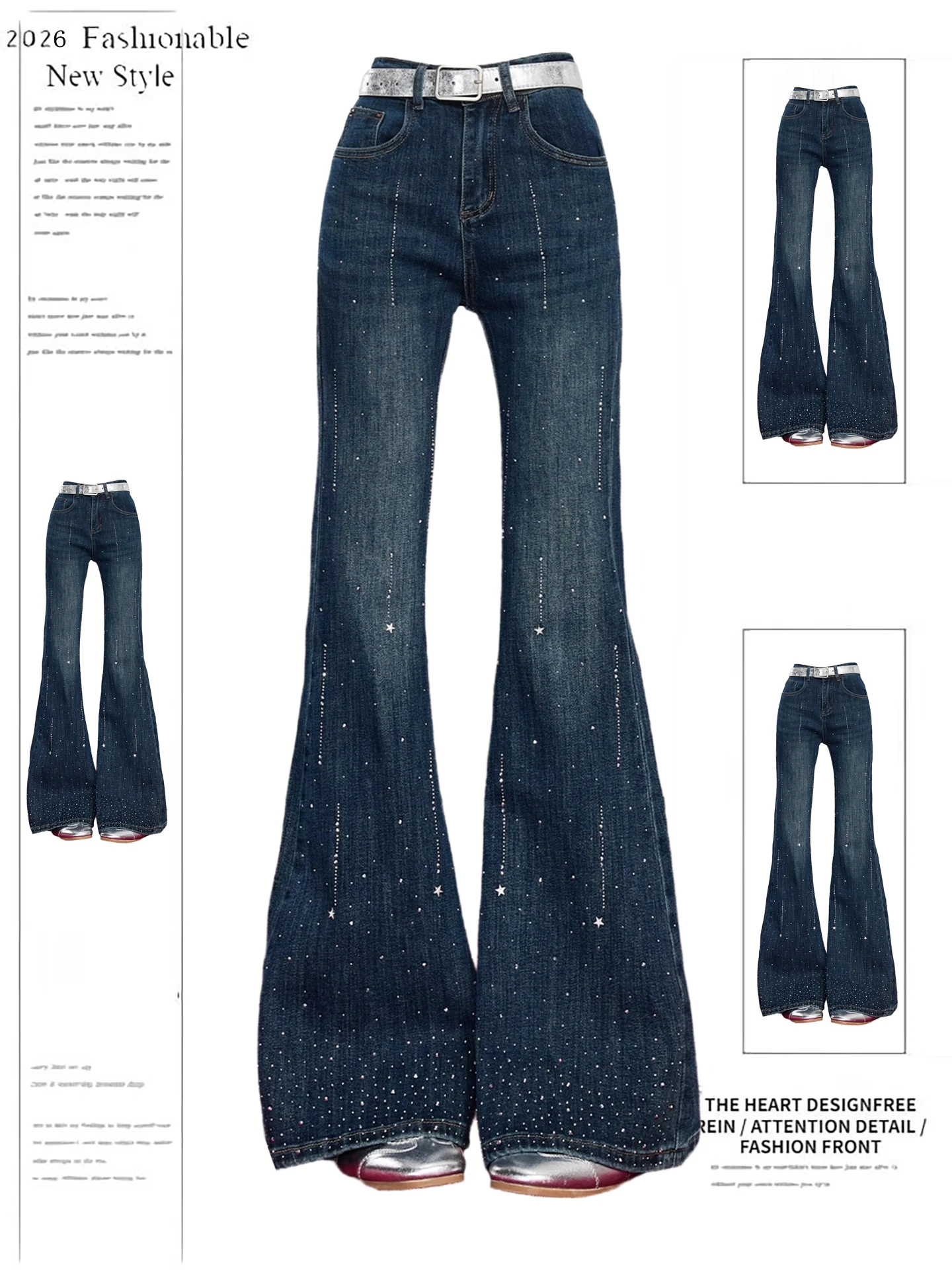 

Flay Diamond Embellied Women's Jeans Spring Autumn 2026 New Design Slimming Micro Flared Pants High Waist Denim Casual