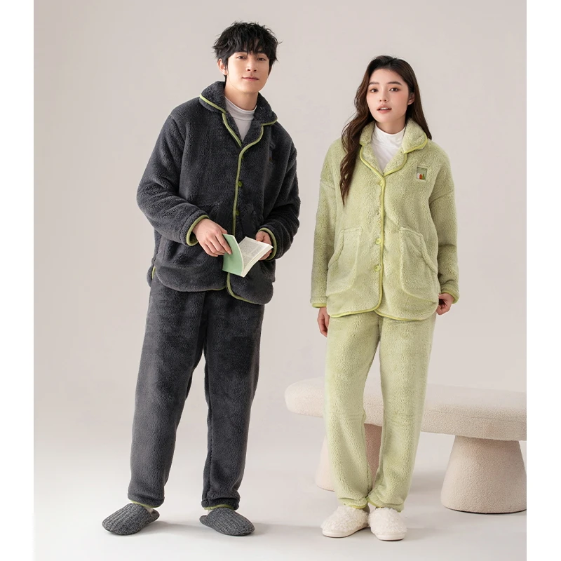 High Quality Couple Pajamas Set Turn-down Collar Flannel Sleepwear Women Men Warm Fleece Pijama Winter Lovers Home Clothing