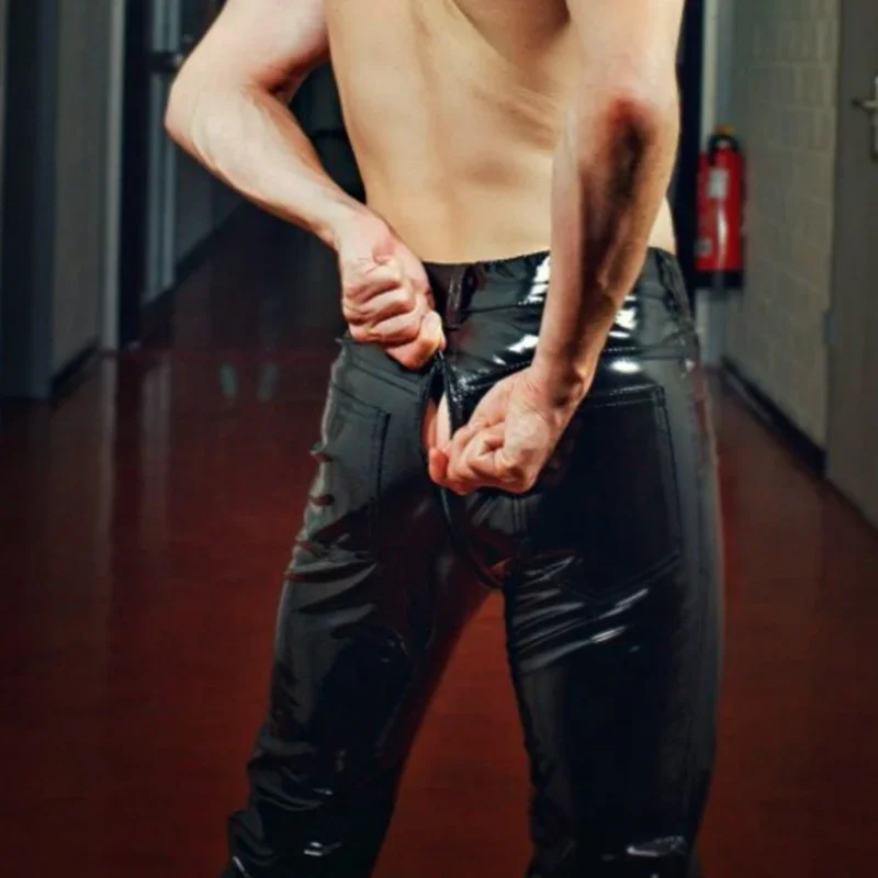 Sexy Leather Zipper Open Crotch PVC Pants for Men Shiny Wetlook Leggings Latex Chaps Stage Clubwear Costume Fetish Gay Sex Pants