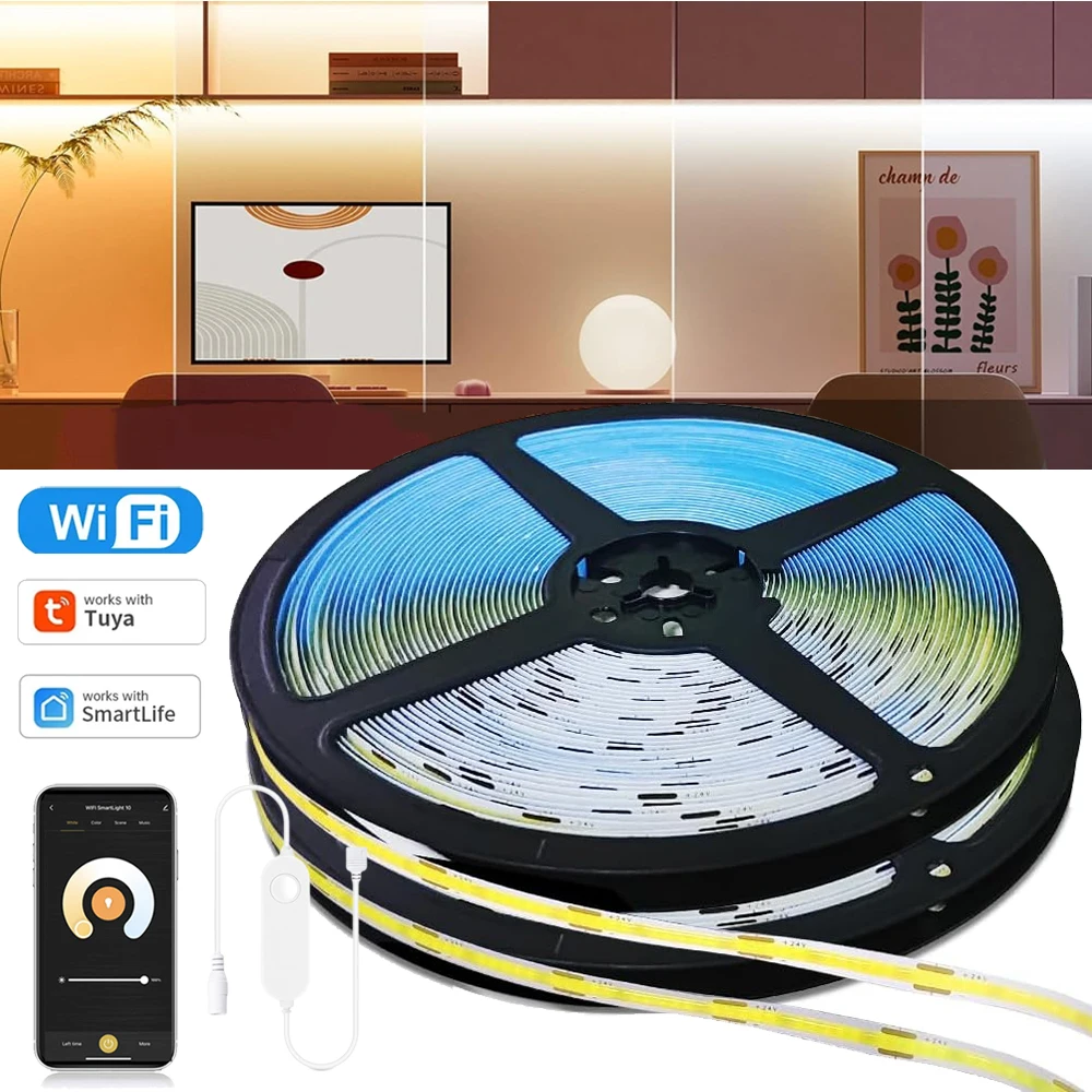 Tuya WiFi COB CCT LED Strip Light 24V 1m 2m 3m 5m 10m Dual White Dimmable Cabinet Lighting 2700-6500K for Alexa Google Assistant