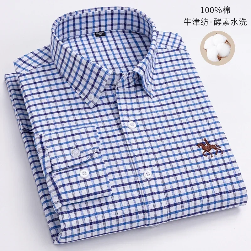 Casual Puur Katoen Oxford Heren Shirts Lange Mouwen Borduren Paard Ontwerp Regular Fit Mode Knop Man Wit Overhemd
