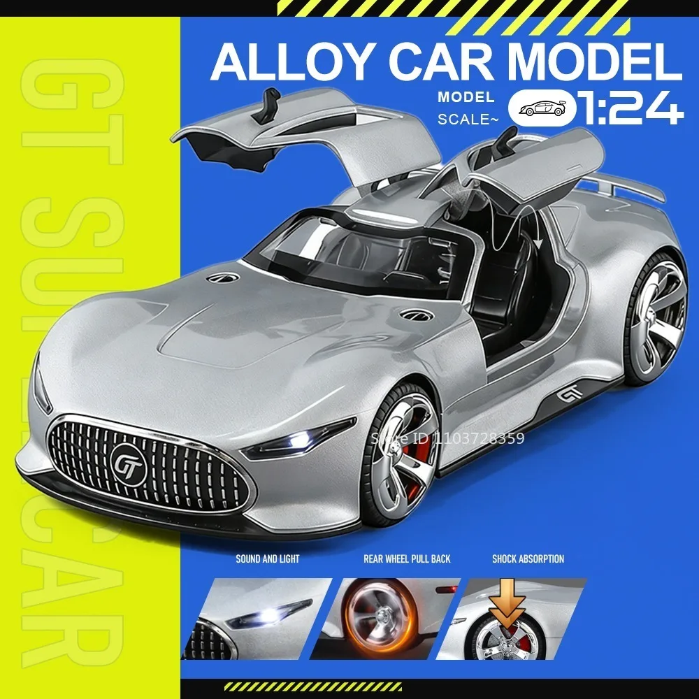 

1:24 GT SLS Toy Car Sports Cars Metal Diecast Front Wheel Steering Shock Absorption Sound Light Doors Opened Collection Supercar