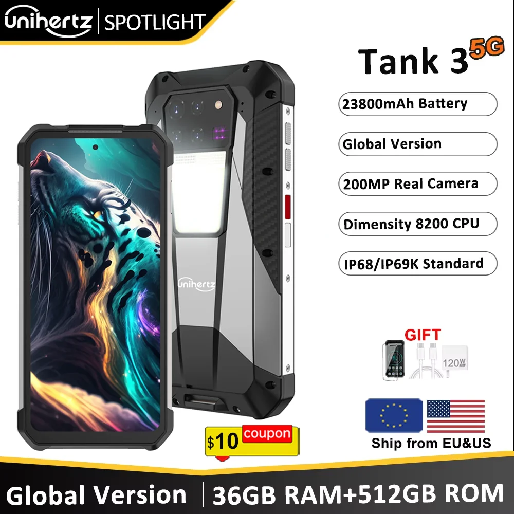Unihertz 8849 Tank 3 by Smartphone 5G 32GB+512GB 200MP 120Hz 23800mAh 120W Charger Cell Phone Dimensity 8200 Mobile Phone