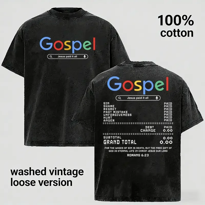 Gospel Romans 6 23 Jesus Paid It All Men Vintage 100 Cotton Graphic T Shirt Loose Fit Christian Tee Father Day Gift for Husband Boyfriend Family Top Trendy Esthetic Washed Streetwear Grey Clothes