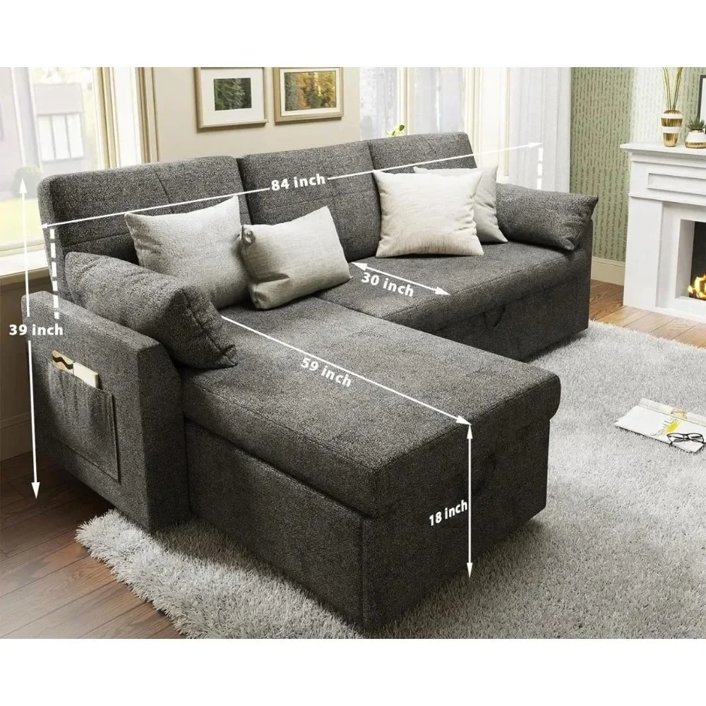 Sofa Bed- 2 in 1 Pull Out Couch Bed with Storage Chaise for Living Room, Sofa Sleeper with Pull Out Bed, Grey Linen Couch