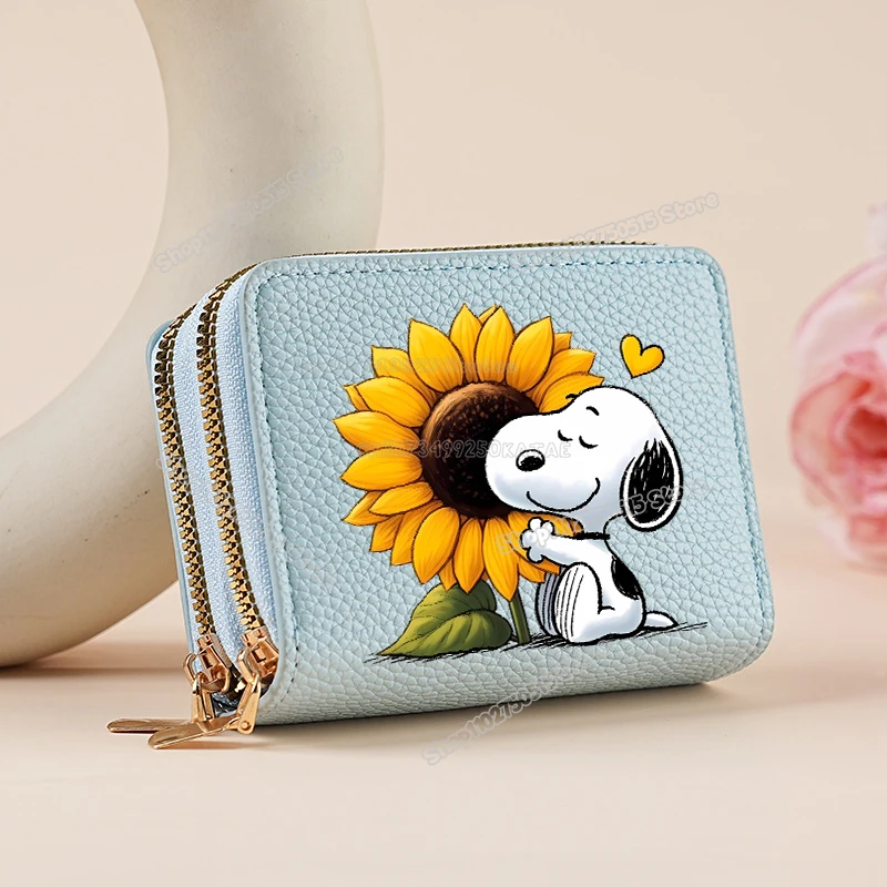 Cartera corta Kawaii Snoopys para mujer, cartera de cuero PU con dibujos animados de anime, monedero con cremallera para niña, tarjetero, porta tarjetas de crédito