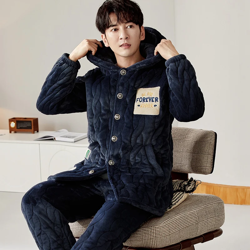 

Three-Layer Quilted Men Pajamas Winter Cardigan Hooded Long Sleeve Trousers Set Keep Warm Milk Velvet Home Service Men Sleepwear