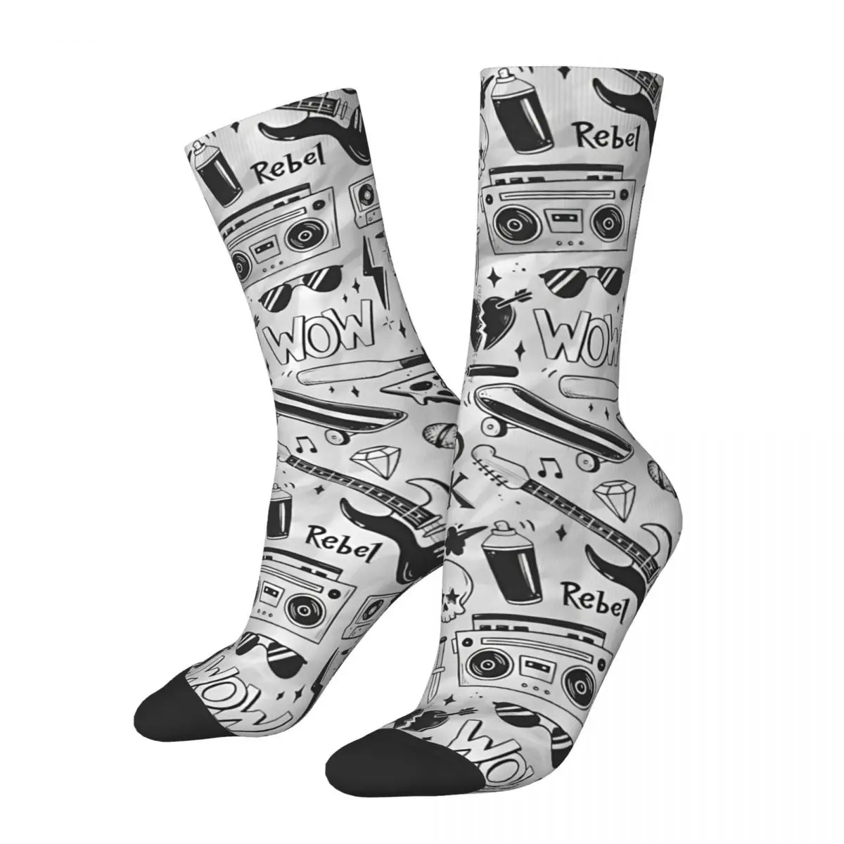 Rock Music Pattern Funny Men's Socks Vintage Rock And Roll Music Street Style Seamless Crew Sock Gift Pattern Printed