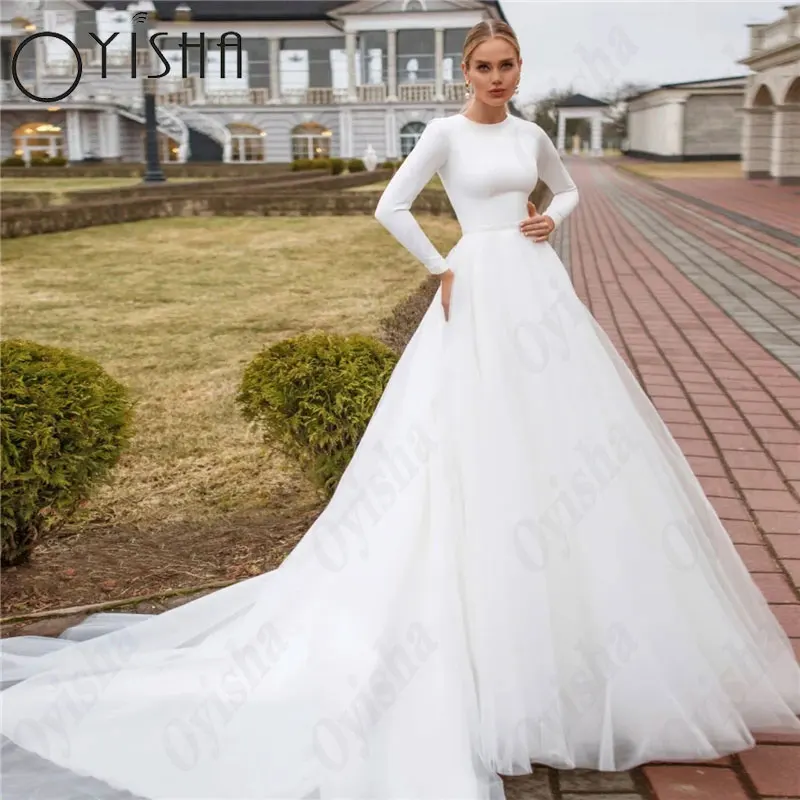 OYISHA O-Neck Long Sleeves Muslim Wedding Dresses Classic Tulle A-Line White Bridal Gowns For Woman Gorgeous Vestido De Mariages