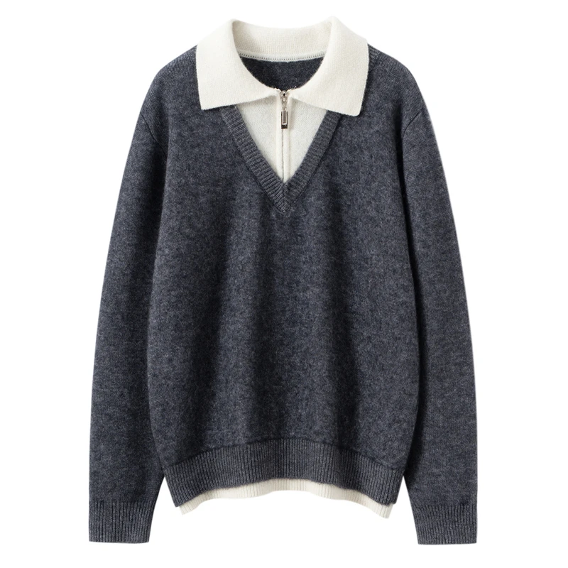 

New 100% Goat Cashmere Women Turn-down Collar Sweater Pullover Autumn Winter Thick Casual Loose Fake Two Pieces Knit Cloth Tops