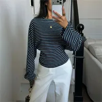 Women’s Loose Tunic Tops Basic Long Sleeve Round Neck Stripes Print T-Shirts Spring Autumn Blouses Y2K Vintage Streetwear - Image 3