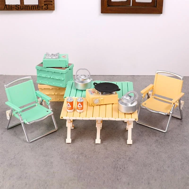 1:12 دمية مصغرة التخييم نزهة مجموعة كرسي قابل للطي مواقد الغاز نموذج ديكور لعبة بيت الدمية الملحقات