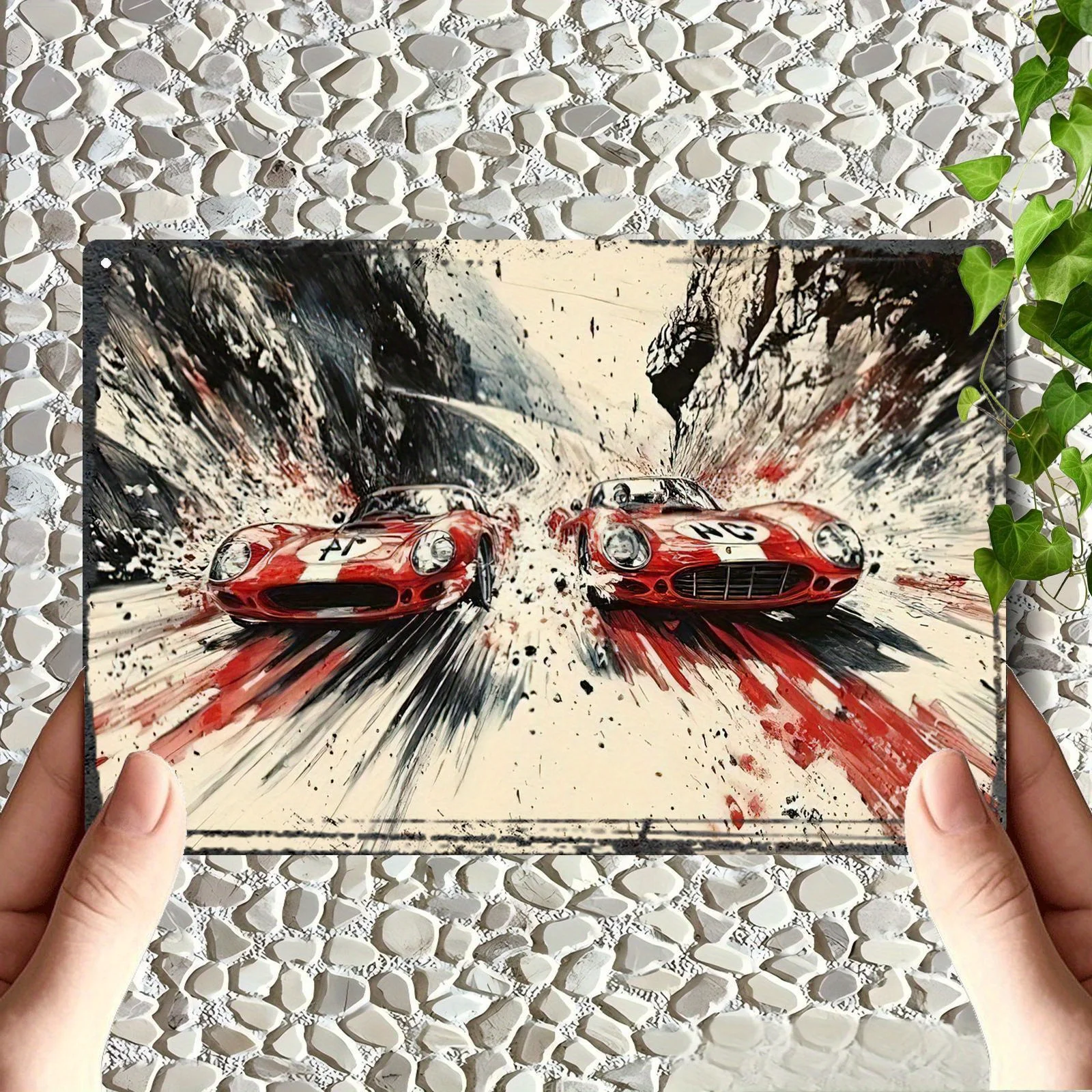 Vintage-Inspired Red Car Racing Art Deco Metal Wall - Frameless Iron Poster with Dynamic Ink Painting, Retro Decor for Ho