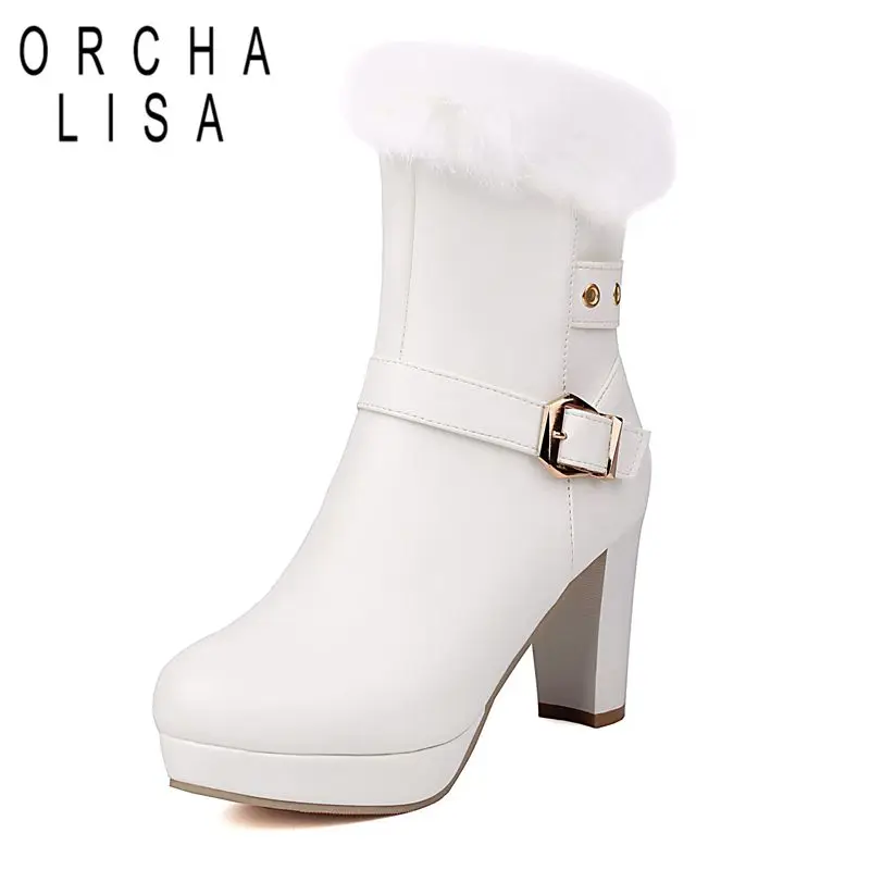 

ORCHALISA Зимние ботильоны на массивном каблуке с кроличьим мехом, платформа 8 см, 2 см, молния, большой размер 47 48 Dating Bota Female mujer, ботильоны с круглым носком