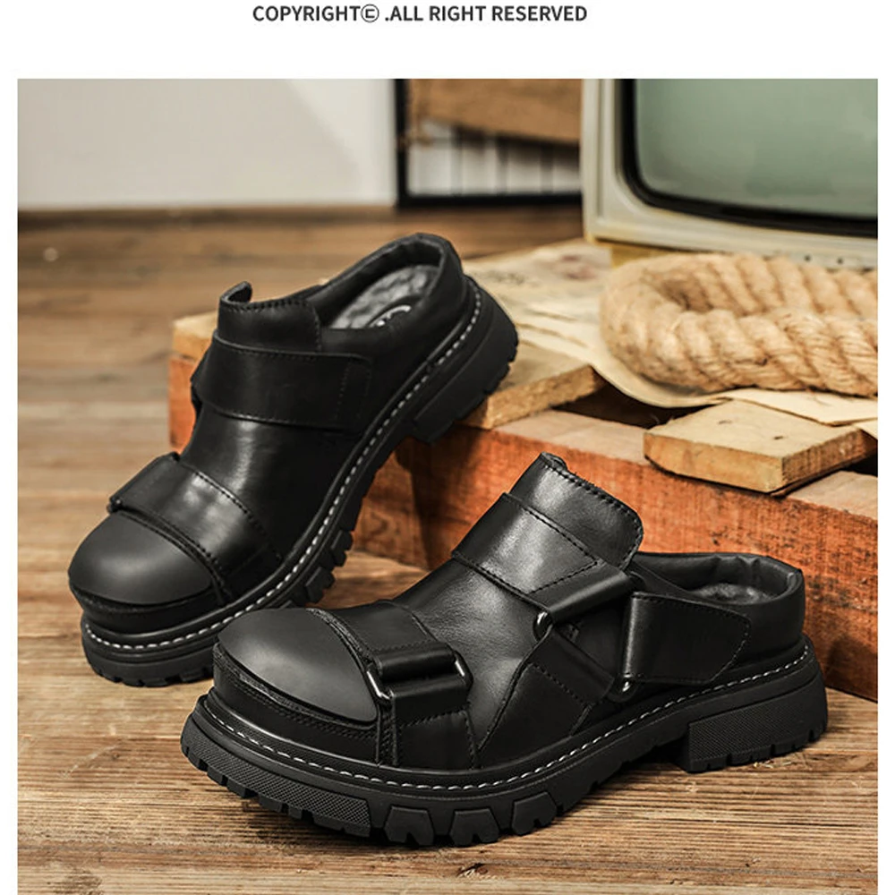 Fashion Genuine Leather Men's Boken Shoes Summer Casual Thick Sole Buckle Strap Baotou Sandals Half Slippers Anti slip Loafers
