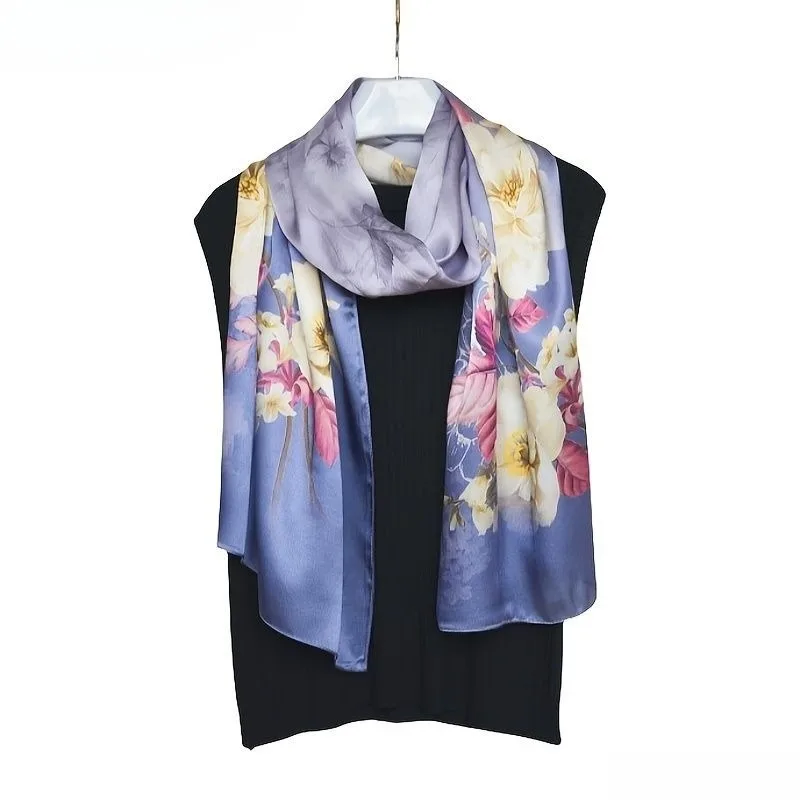 100% Mulberry Silk Long Scarf for Women Oblong Shawls for Headscarf Neck- Oblong Hair Wraps Gift Packed Violet Floral Print